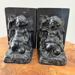 Art Deco Bookends Antique Bronze Cherub And butterfly Collectible Original Condition 