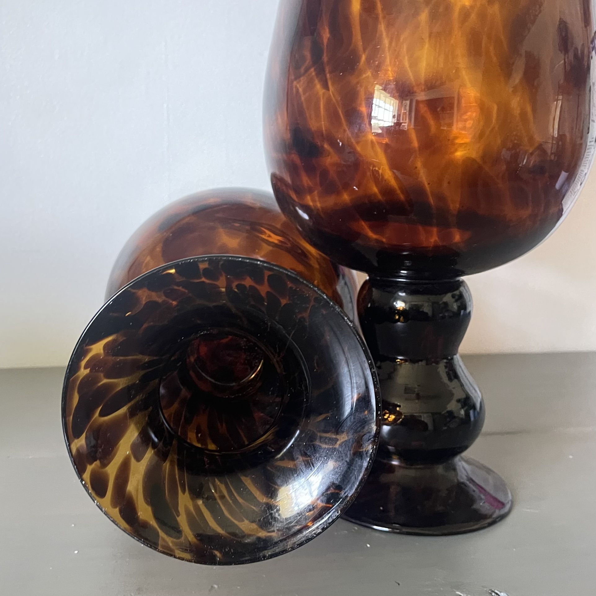 Set Of 2 Vintage Tortoise Hand Blown Glass Pedestal Vase 17” Tall