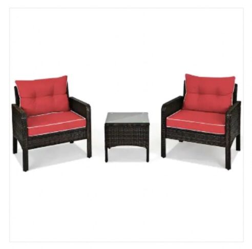 New 3-Piece Rattan Wicker Outdoor Patio Conversation Set Sofa Chair with Red Cushions In Box HW63760re