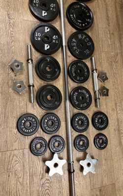 Vintage and Beautiful: Standard Cast Iron Weightlifting Equipment. 6 ft Barbell & Dumbbells. Total weight: 162 lbs