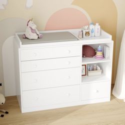 47" Baby Nursery Dreser Diaper Changing Table Furniture with 5 Drawers and 2 Shelves, Dresser for Baby Nursery with Storage & Removable Changing Top S