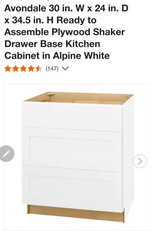 Avondale 30 in. W x 24 in. D x 34.5 in. H Ready to Assemble Plywood Shaker Drawer Base Kitchen Cabinet in Alpine White

