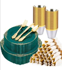 350 Piece Green & Gold Disposable Dinnerware Set for 50 Guests – Plates Cups Cutlery