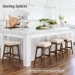 Sturdy Wood Legs Bar Stools Set of 3, Saddle Seat Counter Height Bar Stools 24'' Counter Stools, Linen Fabric