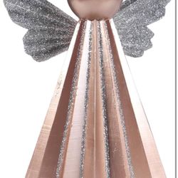 Rose Gold Christmas Angel Tree Topper with Silver Glitter Wings, 8.39 inch Height, Metal Holiday Decoration