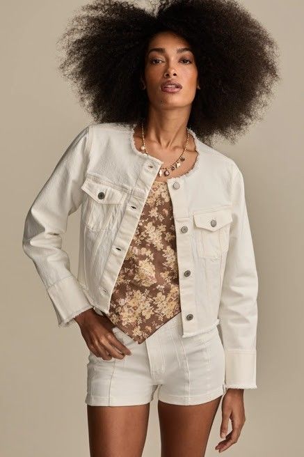 Lucky Brand White Collarless Cropped Trucker Jean Jacket