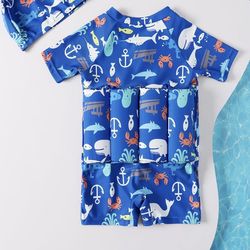 New Kids Floatation Swimsuits Baby Boys Girls One Piece Float Suit Short Sleeve Swim Vest Zip up Buoyancy Swimwear +Cap Blue