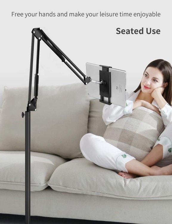 Tablet/Phone Floor Stand (Double Weight Base, Overhead Bed Mount Height Adjustable Arm Stretchable Stand Holder, Compatible with iPad Mini Air Pro)