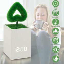 Digital Alarm Clock Wood LED Light Modern Cube Desk Alarm Clock with Artificial Green Plant Time Date Temperature Display for Home Office Travel