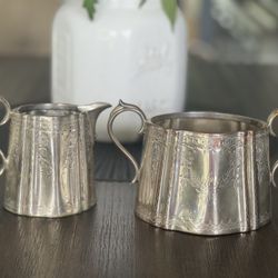 Vintage Silver Plated Cream & Sugar Bowl Set  With etched Design