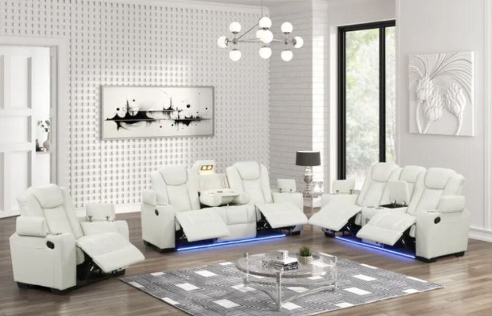 White Leather Gel Reclining Living Room Set