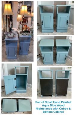 Pair of Small Hand Painted Aqua Blue Wood Nightstands with Cubby and Bottom Cabinet