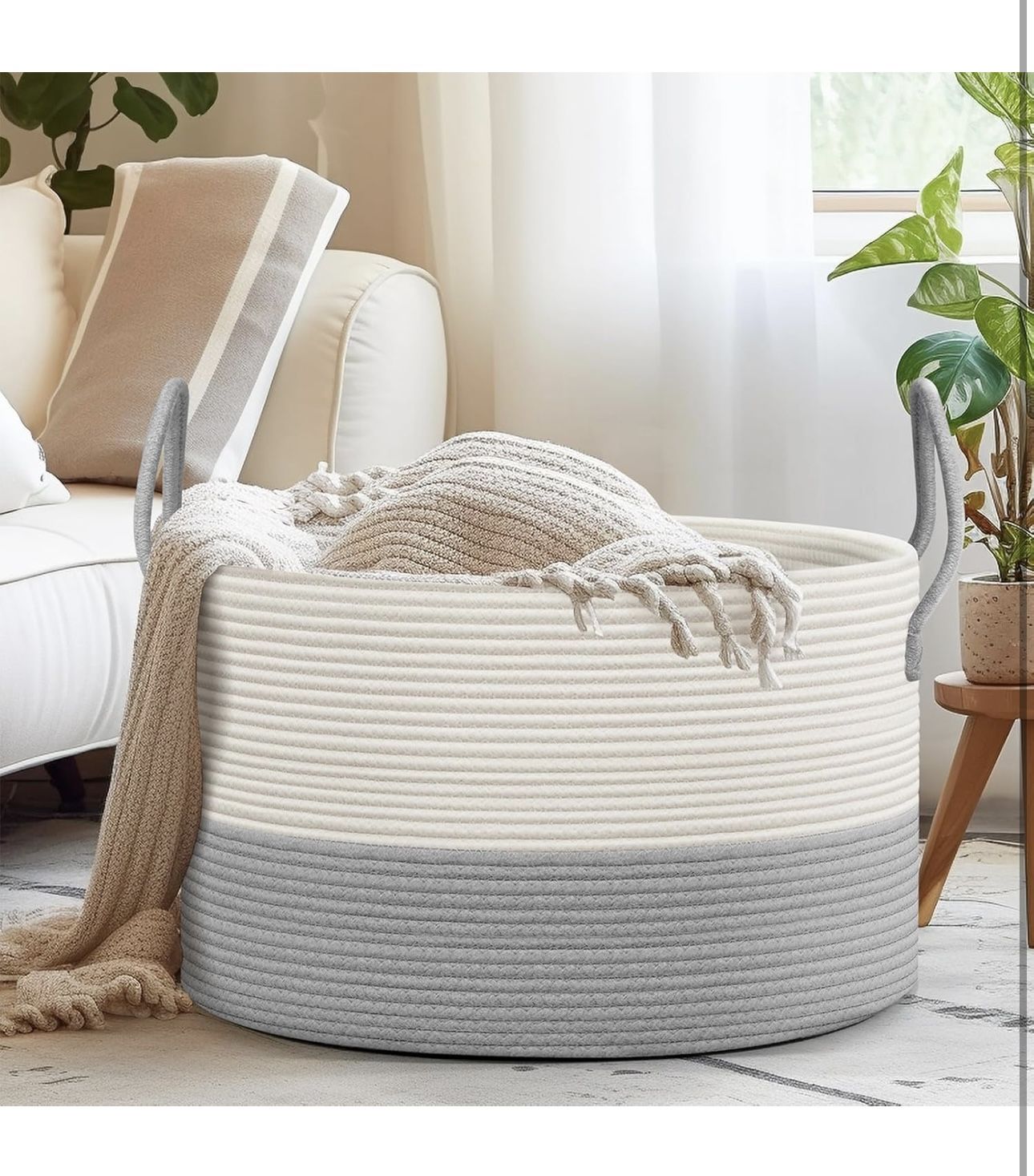 Extra Large Basket for Blankets - 21.7"D X 13.8"H Rope Laundry Basket Toy Baskets Storage Kids, Throw Blanket Baskets, Grey