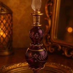 Egyptian 1990s Hand Blown Perfume Bottle Amethyst Gold Swirl Trim Etched Flowers