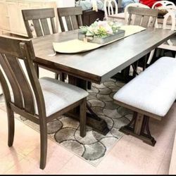 Quincy  6 Pcs Dining Room Set Dining Table 4 Chairs and Bench 