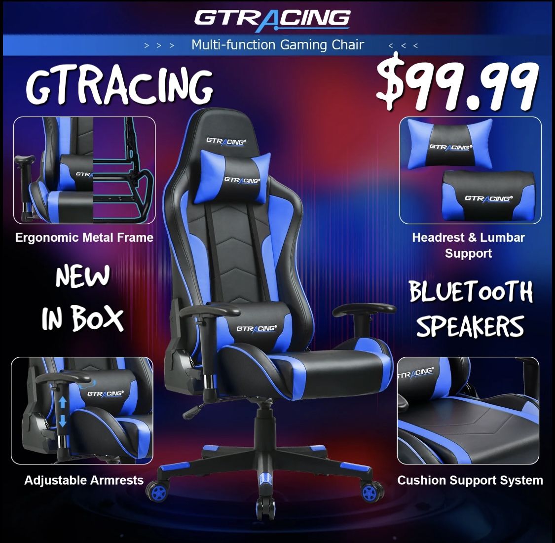 GTRACING GAME CHAIR NEW BLUETOOTH SPEAKERS