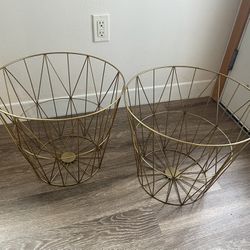 Two Metal Golden Wire Baskets. Work very well with plant pots.
