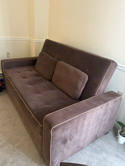 BROWN SOFA BED LOVESEAT BACK RECLINES DOWN IN QUEEN SIZE POSITION