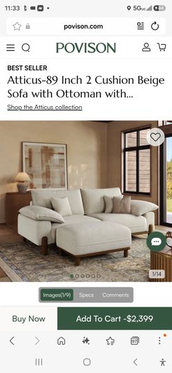 Povison Atticus 89-Inch Beige Sofa with Ottoman $500