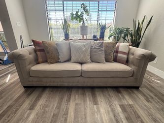 Beige Chesterfield Sofa – Nailhead Trim – Excellent Condition