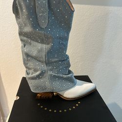Women’s White And Blue Rhinestone Boots 