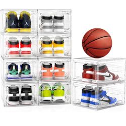 10 Pack XX Large Thicken Sturdy Hard Plastic Clear Stackable Shoe Storage Boxes for Size 12, Sneaker Shoe Rack Containers Holders Bins Display Case Or