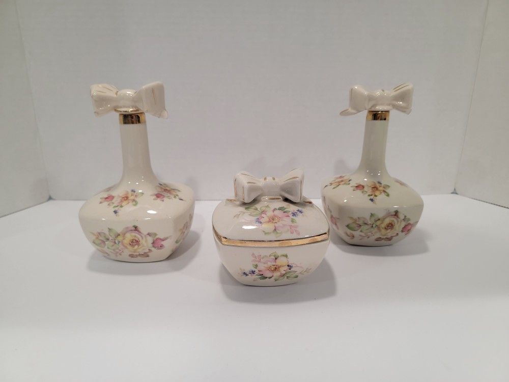 Vintage Japan Ceramic Trinket Box & 2 Perfume Bottles ~ Flowers, Floral, Bows