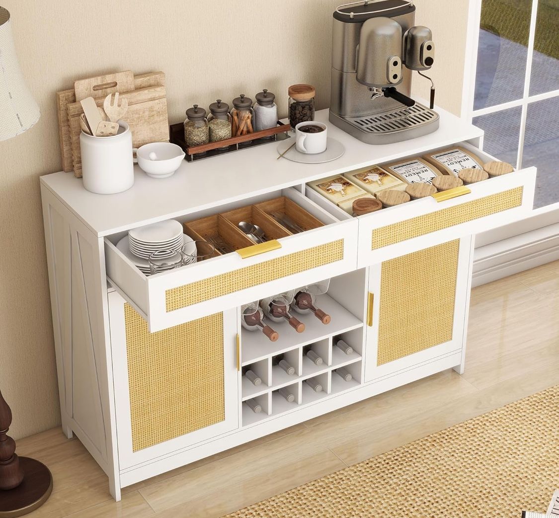 NEW IN BOX - White Rattan white Wine Cabinet / Coffee Bar /Sideboard Buffet with LED Lights