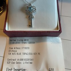 Helzberg diamonds 10k White Gold Blue topaz Key Pendant/Necklace. 