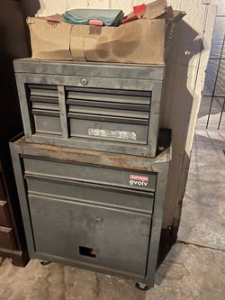 gray Craftsman Evolv 5-drawer rolling tool cabinet with an attached top chest.