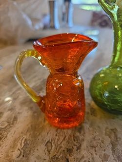 Vtg Crackle Glass Pitcher Miniatures Lot Orange Amberina & Green Blown Art Glass