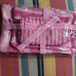Victoria Secret Pink Stripe Cosmetic Bag Set 3pc Travel Makeup Pouch NWT$45