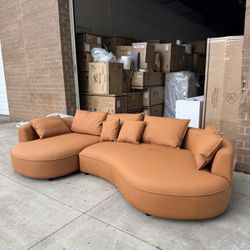 L-Shaped 129" Curved Oversized Modular Leather Sectional Sofa with Chaise - Orange