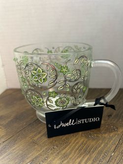 Dwell Studio Clear Hand Painted Coffee Mug Green Floral Rhinestones Gold Trim NEW