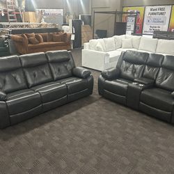 Gray Leather Reclining Sofa Set 