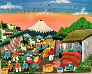 Equator acrylic painting of life of the Andean community