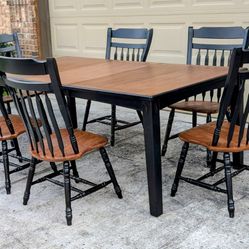 82L with a leaf(62L without it)42w 30h Wooden Dining Table And 6 Black Dining Chairs