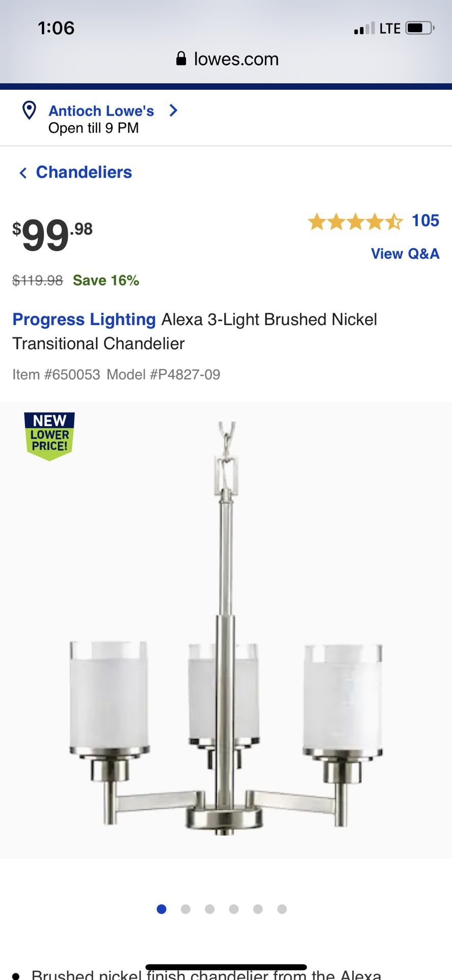 ALEXA 3 LIGHTS BRUSHED NIKEL TRANSITIONAL CHANDELIER BRAND NEW