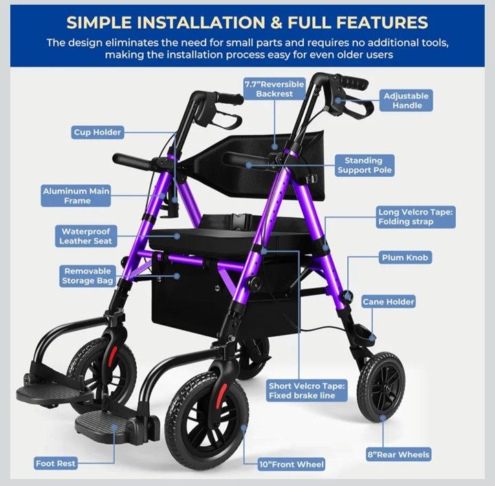 Purple Foldable Walker for Seniors with Seat, Lightweight NEW