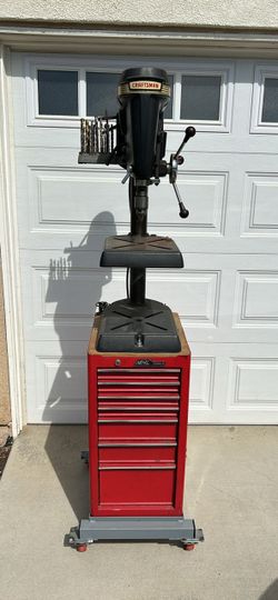 Vintage craftsman drill press with Mac Tool Box rolling cart