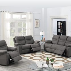 Gray Sofa Set With Recliners - Breathable Leatherette 
