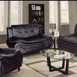 Black Leather Three Piece Modern Style Couch Set 