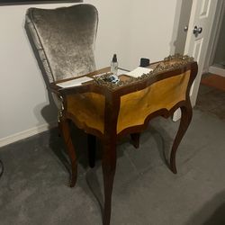 Elegant Vintage Writing Desk with Ornate Trim + Accent Chair