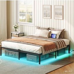 Full Size Metal Platform Bed Frame with Mattress and LED lights