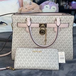 Michael Kors Hamilton Medium Vanilla MK Signature Pink Satchel Crossbody  Handbag