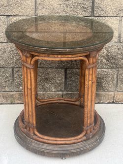 vintage round rattan and bamboo accent table