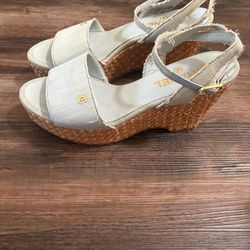 Chanel blue denim platform wedges