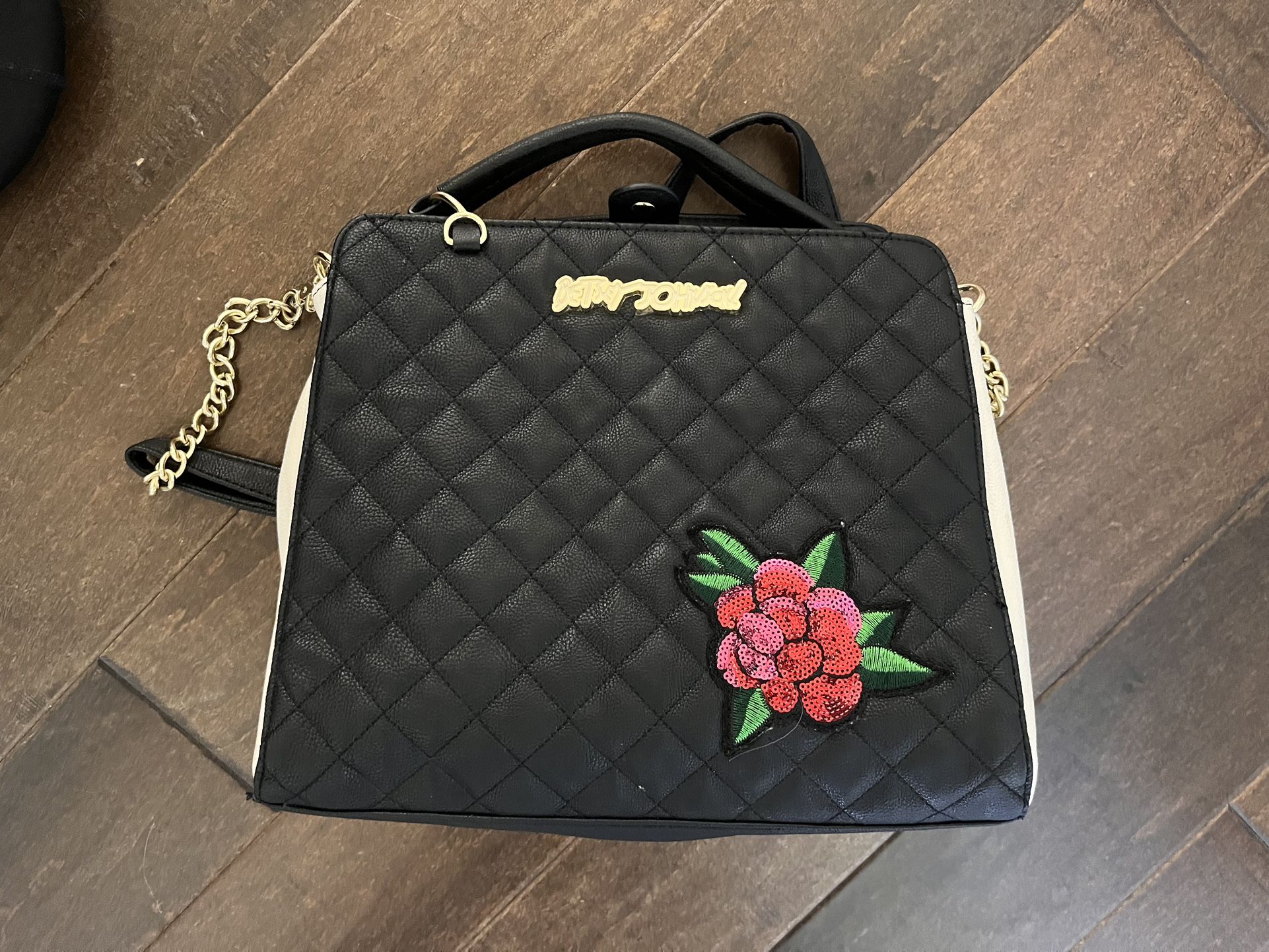 Betsey Johnson Black Quilted Bag with Red Floral Accent