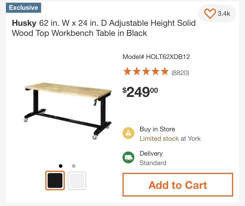 Husky Workbench Adjustable. 62” X24”