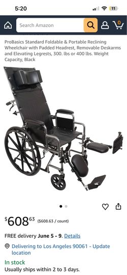 Standard Foldable & Portable Reclining Wheelchair with Padded Headrest, Removable Deskarms and Elevating Legrests, 300. lbs or 400 lbs. Weight Capacit
